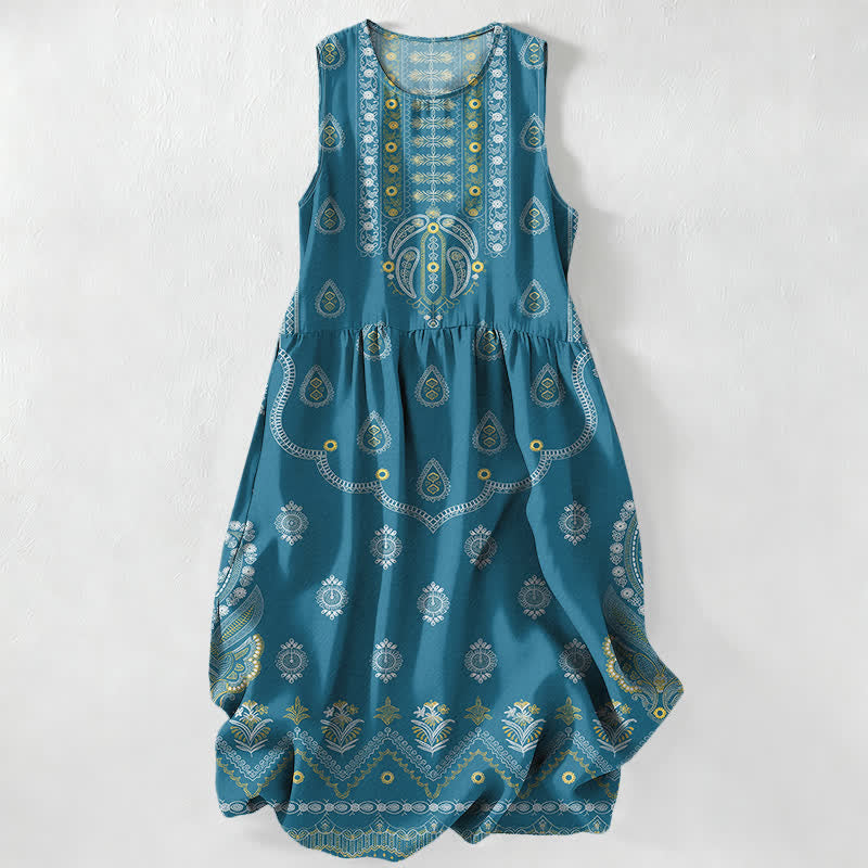 Nimara Ritual Summer Casual Boho Paisley Medallion Pattern Women's Summer Sleeveless Midi Dress With Pockets