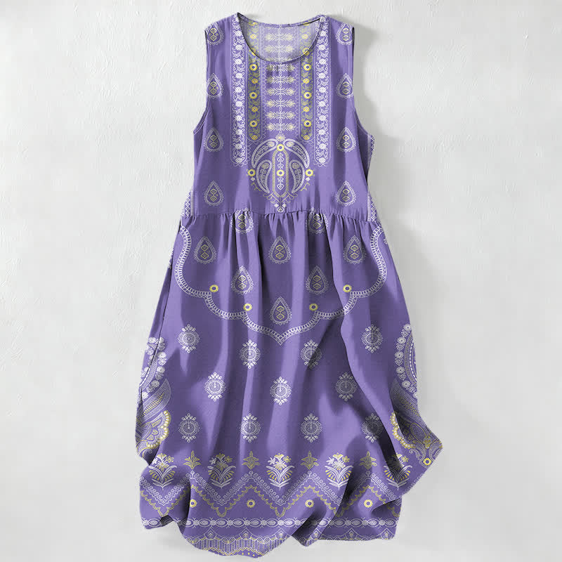 Nimara Ritual Summer Casual Boho Paisley Medallion Pattern Women's Summer Sleeveless Midi Dress With Pockets