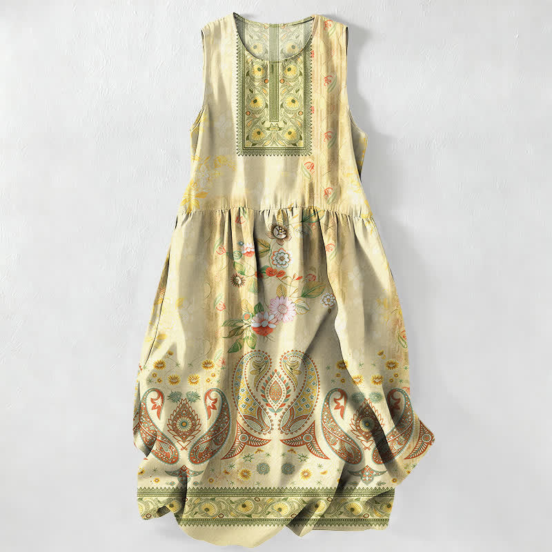 Nimara Ritual Summer Casual Vintage Floral Medallions Leaves Pattern Women's Summer Sleeveless Midi Dress With Pockets
