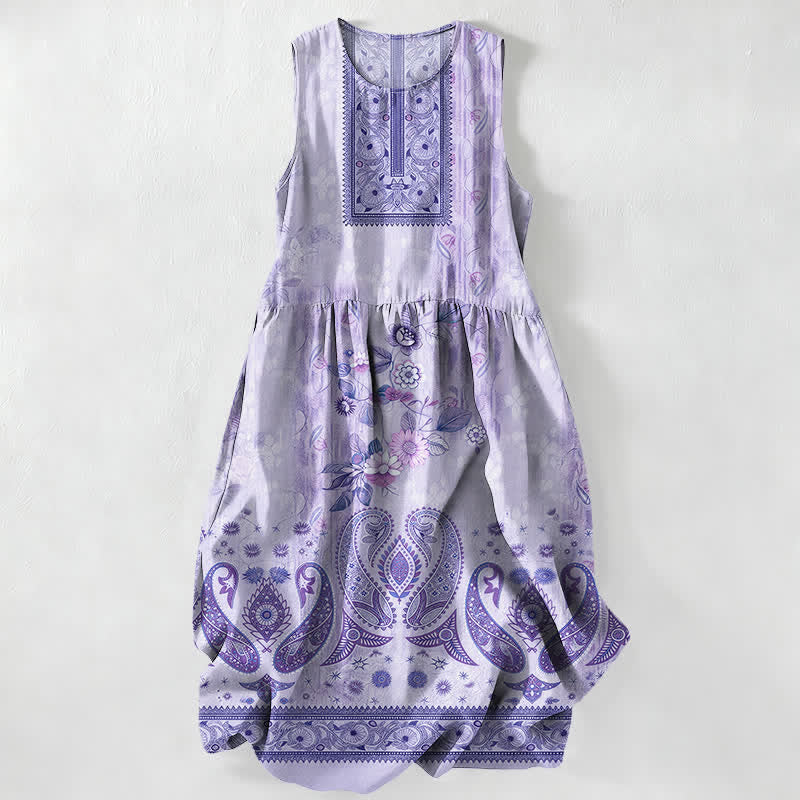 Nimara Ritual Summer Casual Vintage Floral Medallions Leaves Pattern Women's Summer Sleeveless Midi Dress With Pockets