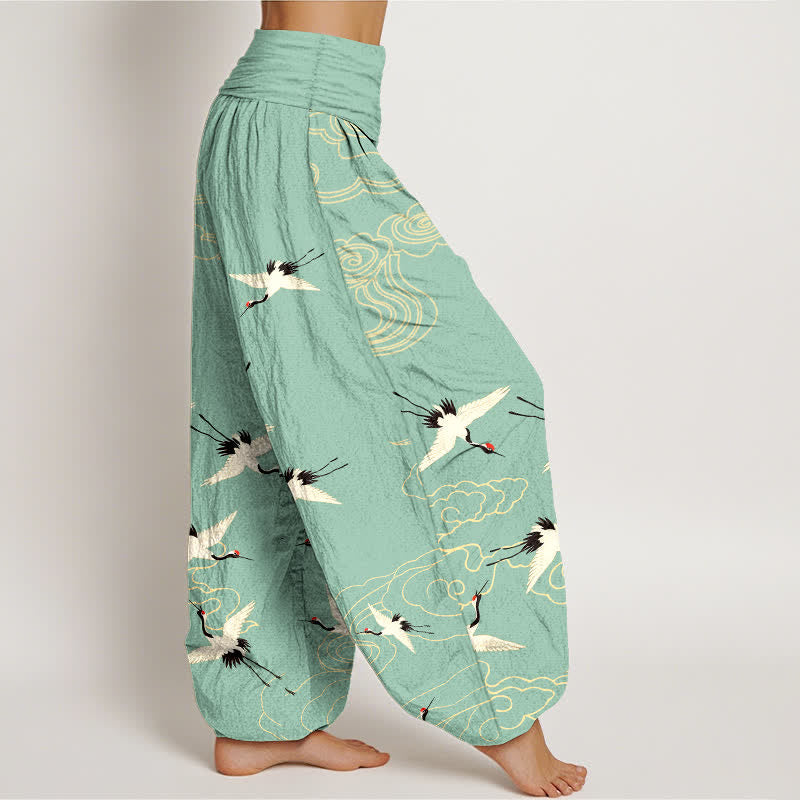Nimara Ritual Cotton Flying Crane Pattern Women's Elastic Waist Harem Pants