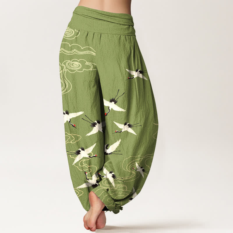 Nimara Ritual Cotton Flying Crane Pattern Women's Elastic Waist Harem Pants