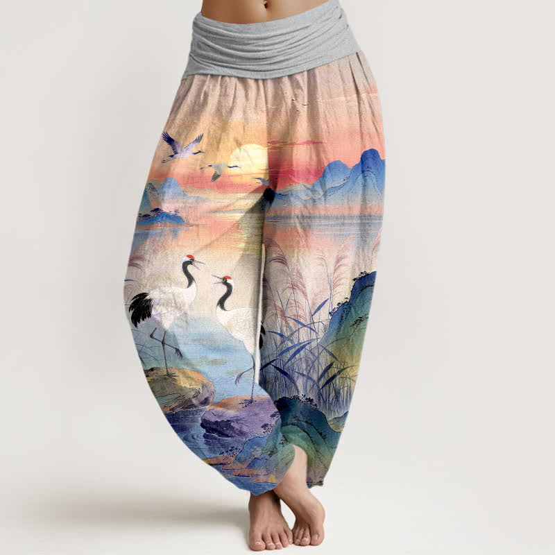 Nimara Ritual Cotton Sunrise Mountain Crane Pattern Women's Elastic Waist Harem Pants