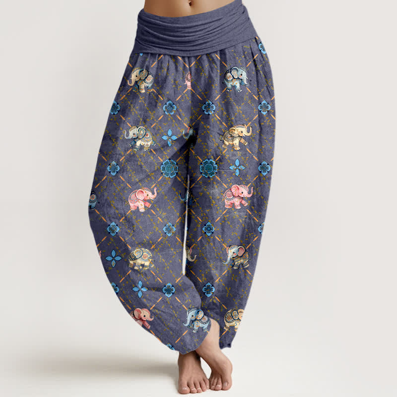 Nimara Ritual Cotton Elephant Floral Pattern Women's Elastic Waist Harem Pants
