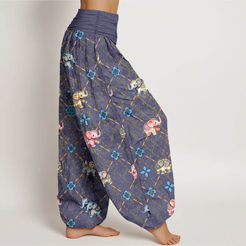 Nimara Ritual Cotton Elephant Floral Pattern Women's Elastic Waist Harem Pants