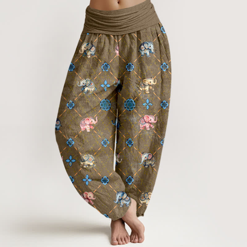 Nimara Ritual Cotton Elephant Floral Pattern Women's Elastic Waist Harem Pants