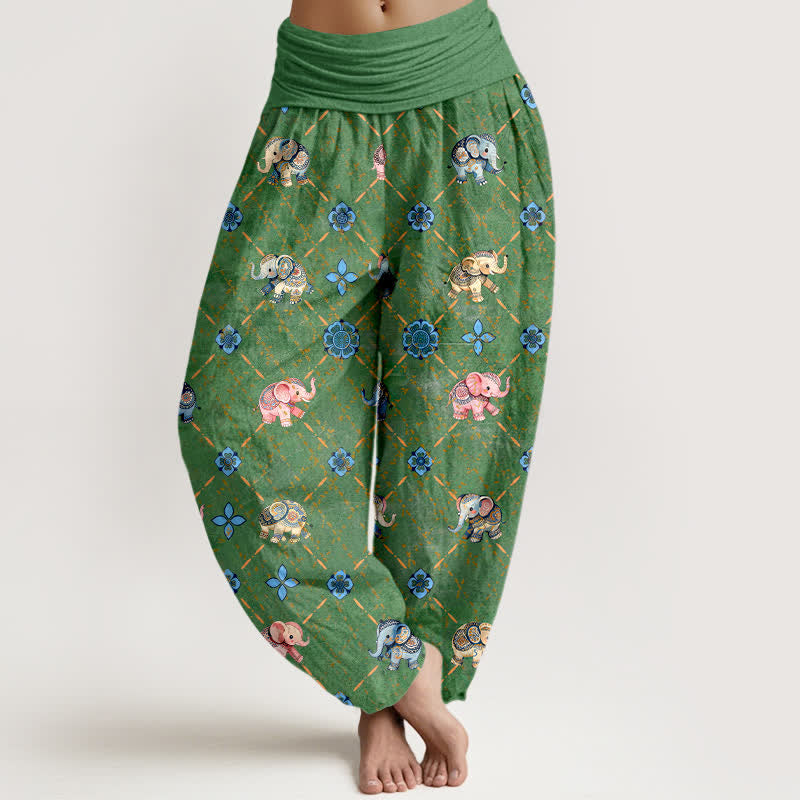 Nimara Ritual Cotton Elephant Floral Pattern Women's Elastic Waist Harem Pants