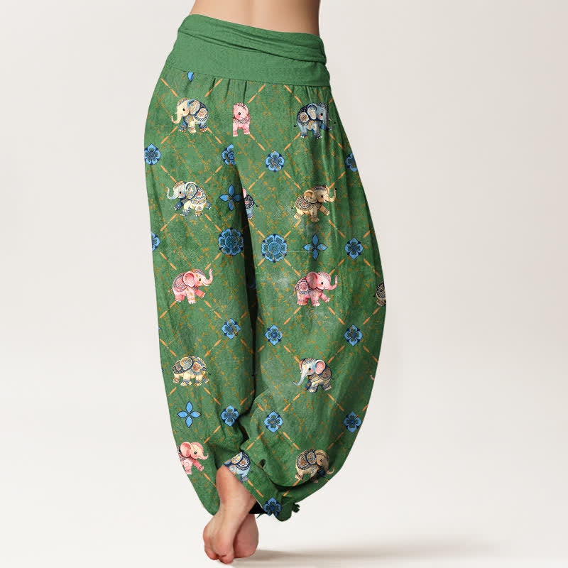 Nimara Ritual Cotton Elephant Floral Pattern Women's Elastic Waist Harem Pants