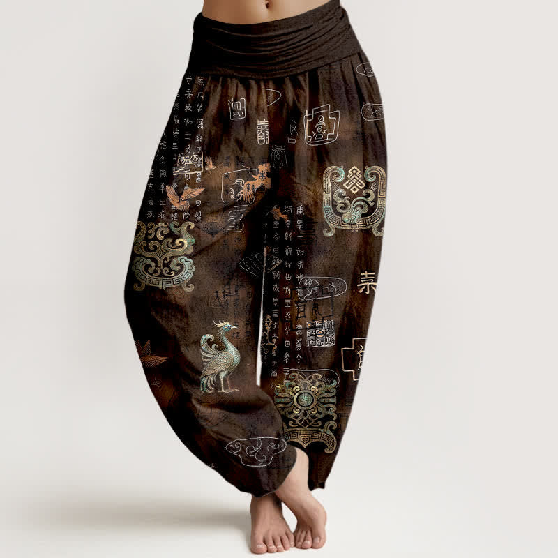 Nimara Ritual Cotton Phoenix Cloud Pattern Women's Elastic Waist Harem Pants