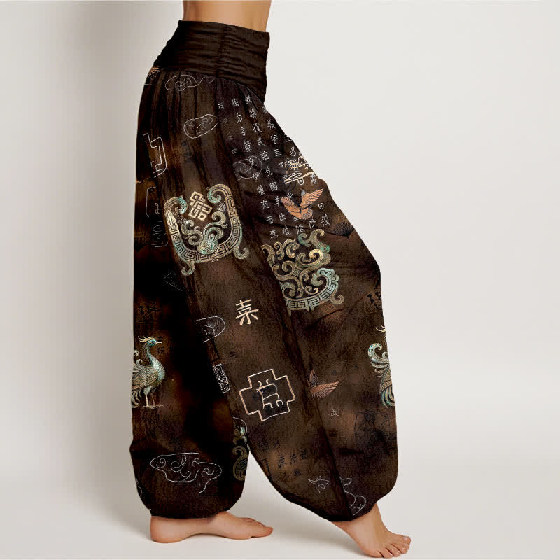 Nimara Ritual Cotton Phoenix Cloud Pattern Women's Elastic Waist Harem Pants