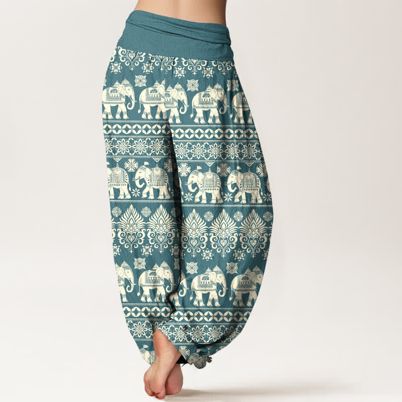 Nimara Ritual Cotton Elephant Tribal Stripe Pattern Women's Elastic Waist Harem Pants