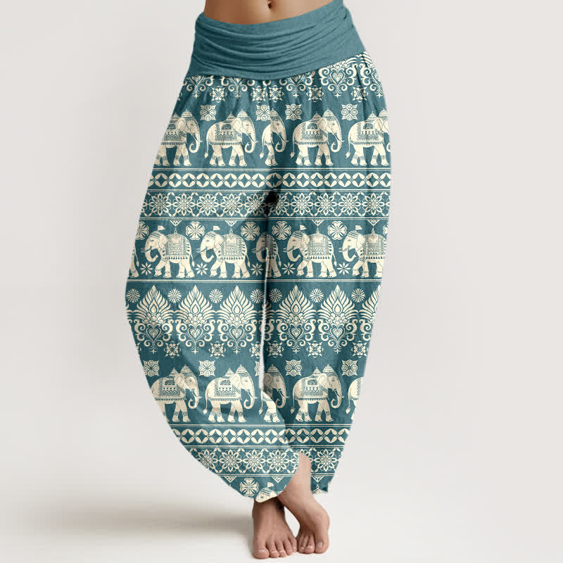 Nimara Ritual Cotton Elephant Tribal Stripe Pattern Women's Elastic Waist Harem Pants