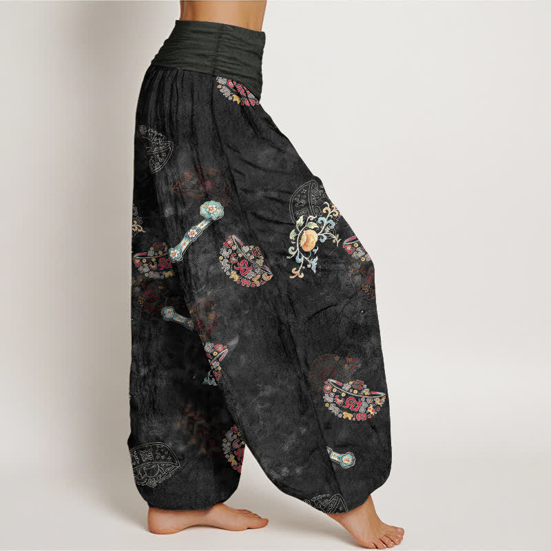 Nimara Ritual Cotton Bohemian Floral Fan Pattern Women's Elastic Waist Harem Pants