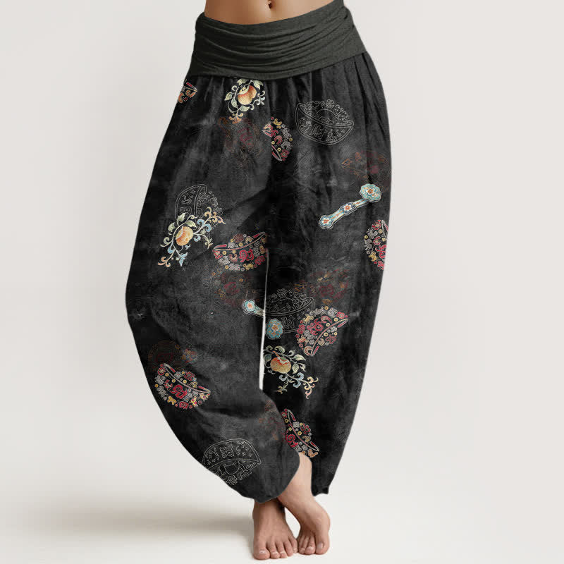 Nimara Ritual Cotton Bohemian Floral Fan Pattern Women's Elastic Waist Harem Pants