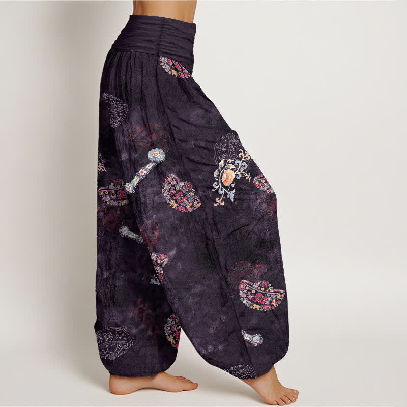 Nimara Ritual Cotton Bohemian Floral Fan Pattern Women's Elastic Waist Harem Pants