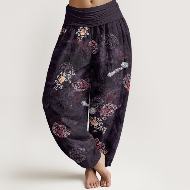 Nimara Ritual Cotton Bohemian Floral Fan Pattern Women's Elastic Waist Harem Pants