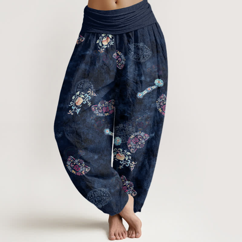 Nimara Ritual Cotton Bohemian Floral Fan Pattern Women's Elastic Waist Harem Pants