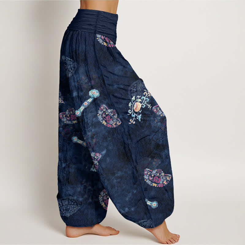 Nimara Ritual Cotton Bohemian Floral Fan Pattern Women's Elastic Waist Harem Pants