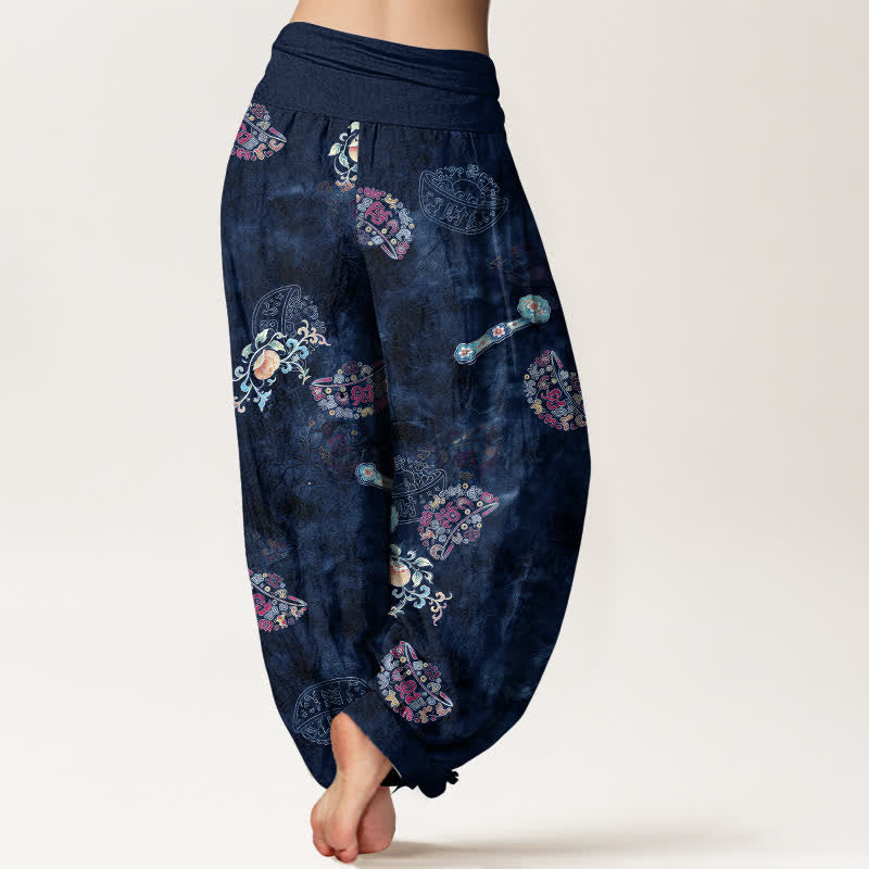 Nimara Ritual Cotton Bohemian Floral Fan Pattern Women's Elastic Waist Harem Pants