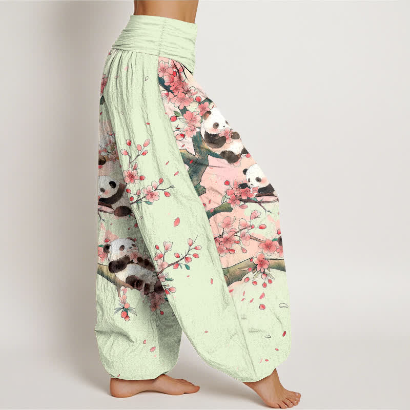 Nimara Ritual Cotton Panda Sakura Blossom Pattern Women's Elastic Waist Harem Pants