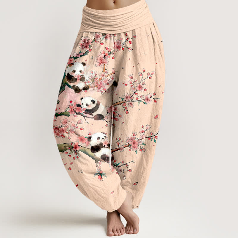 Nimara Ritual Cotton Panda Sakura Blossom Pattern Women's Elastic Waist Harem Pants