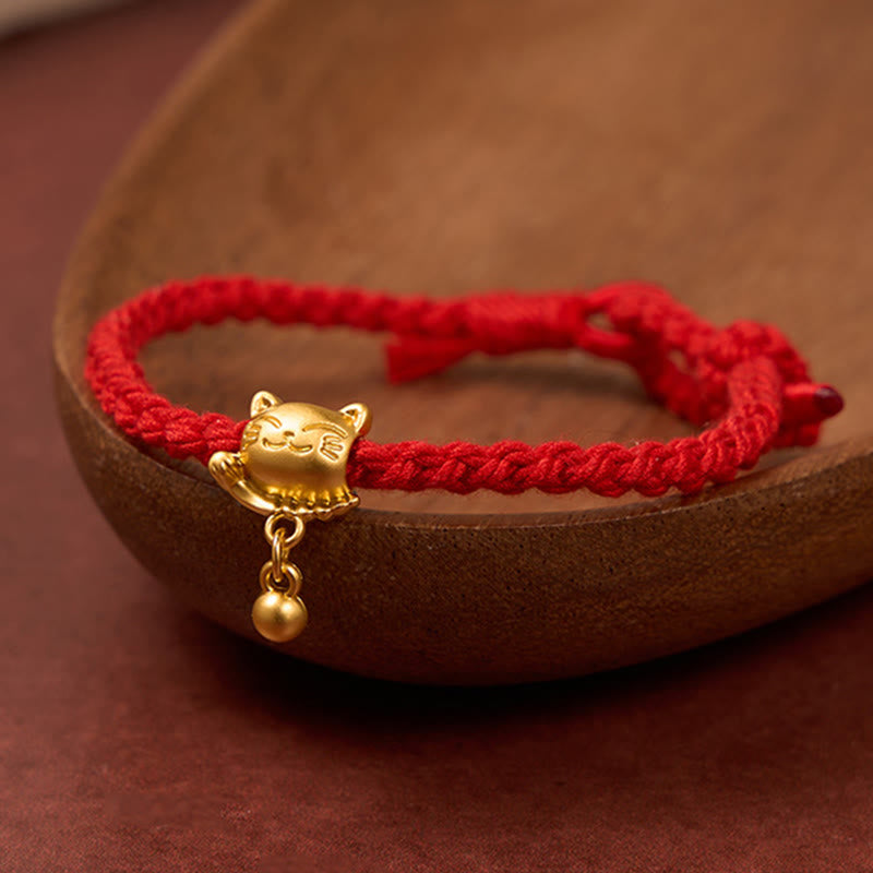 Nimara Ritual Tibetan Red String Copper Lucky Cat Drop Ball Pendant Hand-Woven Protection Bracelet