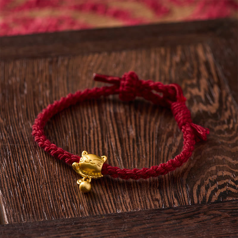 Nimara Ritual Tibetan Red String Copper Lucky Cat Drop Ball Pendant Hand-Woven Protection Bracelet
