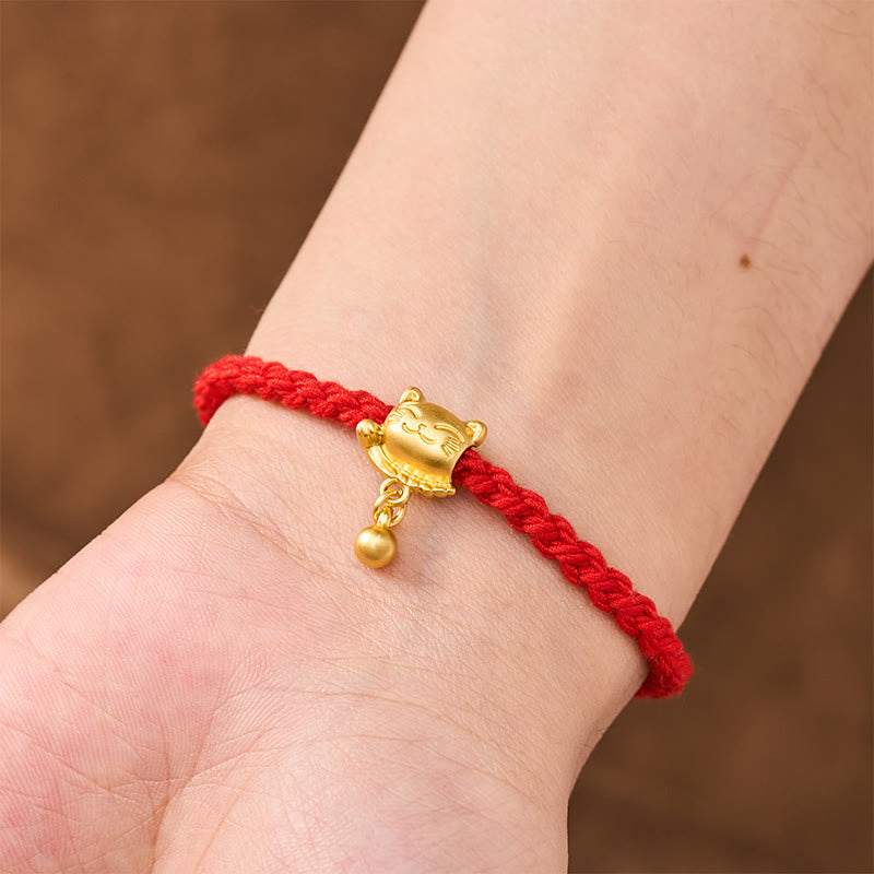 Nimara Ritual Tibetan Red String Copper Lucky Cat Drop Ball Pendant Hand-Woven Protection Bracelet