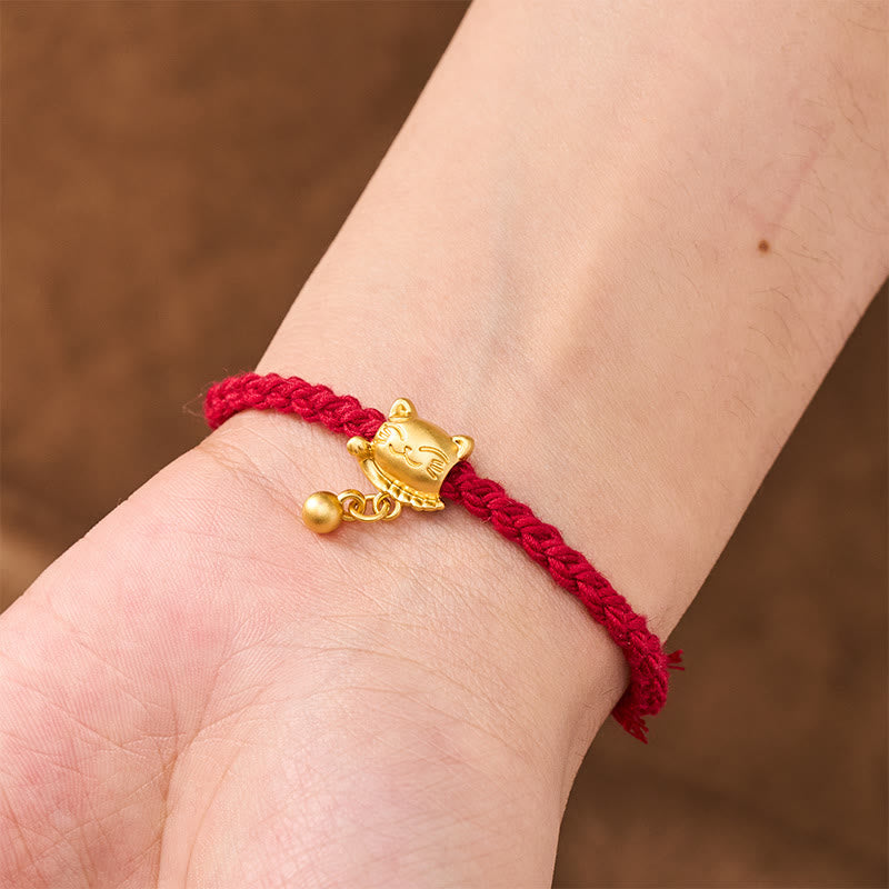 Nimara Ritual Tibetan Red String Copper Lucky Cat Drop Ball Pendant Hand-Woven Protection Bracelet