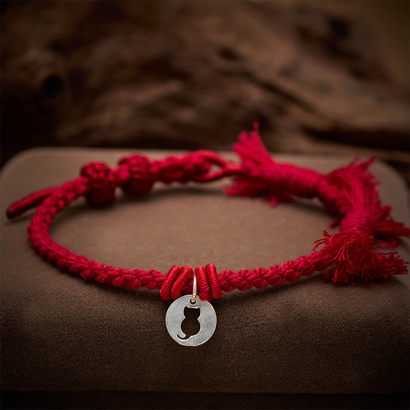 Nimara Ritual 925 Sterling Silver Red String Protection Cat Round Hollow Design Charm Bracelet