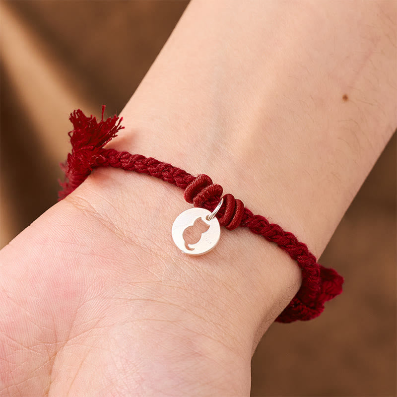 Nimara Ritual 925 Sterling Silver Red String Protection Cat Round Hollow Design Charm Bracelet