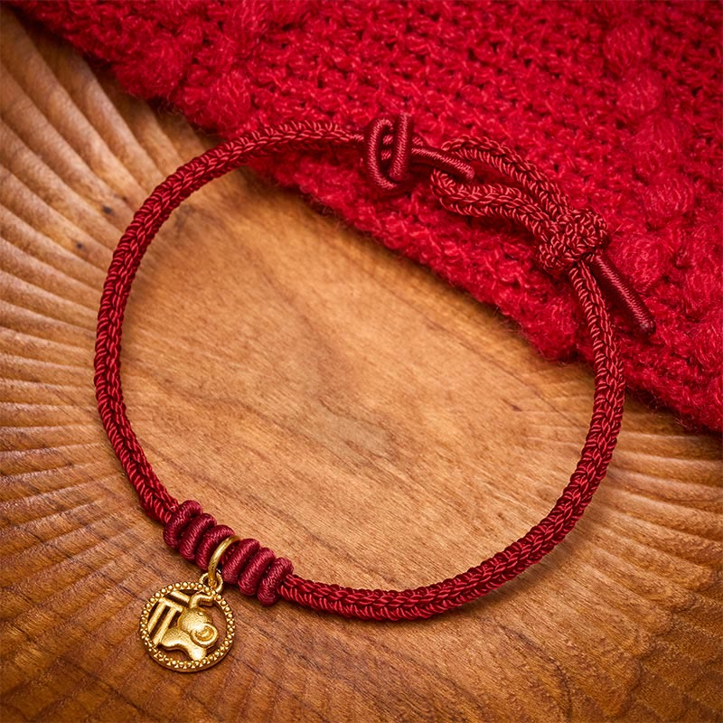 Nimara Ritual Elephant Fu Character Gold Plated Copper Red String Wealth Bracelet