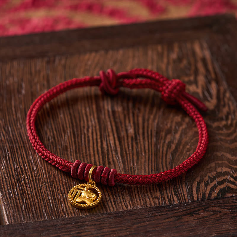 Nimara Ritual Elephant Fu Character Gold Plated Copper Red String Wealth Bracelet