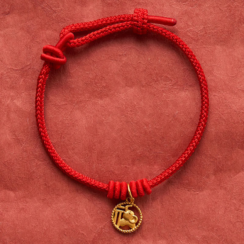Nimara Ritual Elephant Fu Character Gold Plated Copper Red String Wealth Bracelet