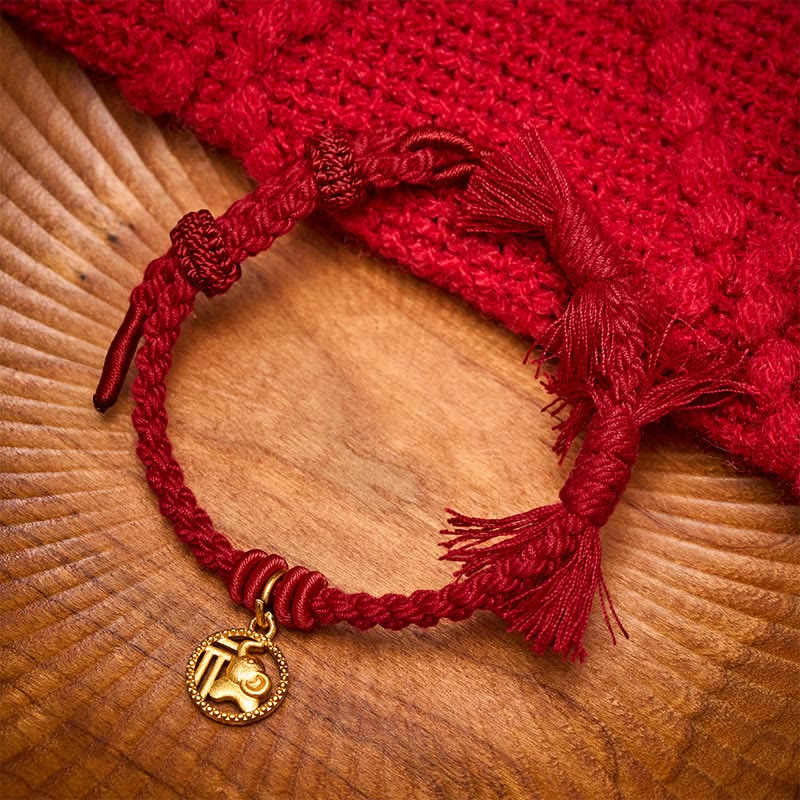 Nimara Ritual Elephant Fu Character Gold Plated Copper Red String Balance Tibet Bracelet