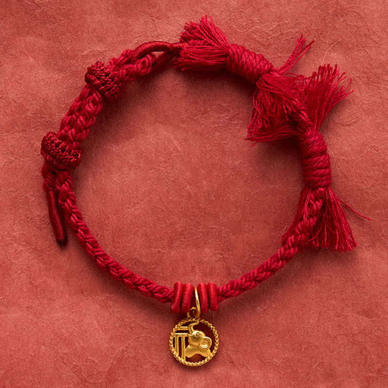 Nimara Ritual Elephant Fu Character Gold Plated Copper Red String Balance Tibet Bracelet