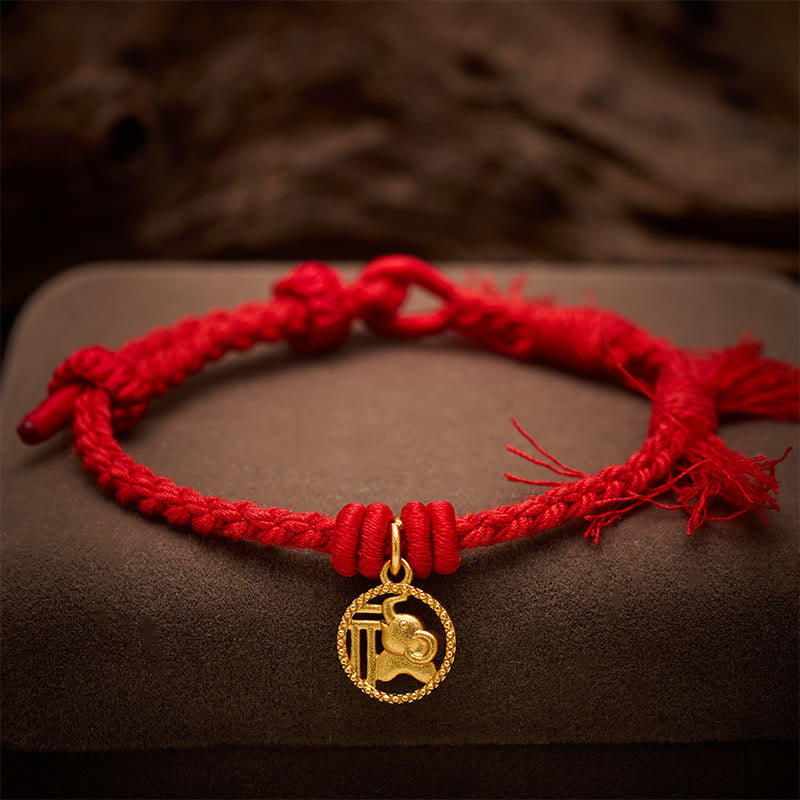 Nimara Ritual Elephant Fu Character Gold Plated Copper Red String Balance Tibet Bracelet