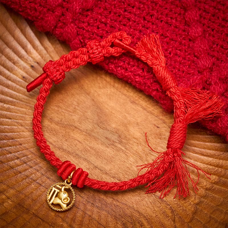 Nimara Ritual Elephant Fu Character Gold Plated Copper Red String Balance Tibet Bracelet