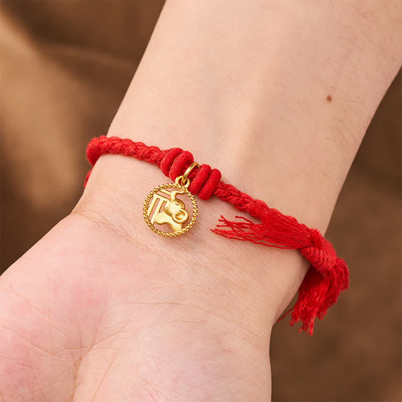 Nimara Ritual Elephant Fu Character Gold Plated Copper Red String Balance Tibet Bracelet