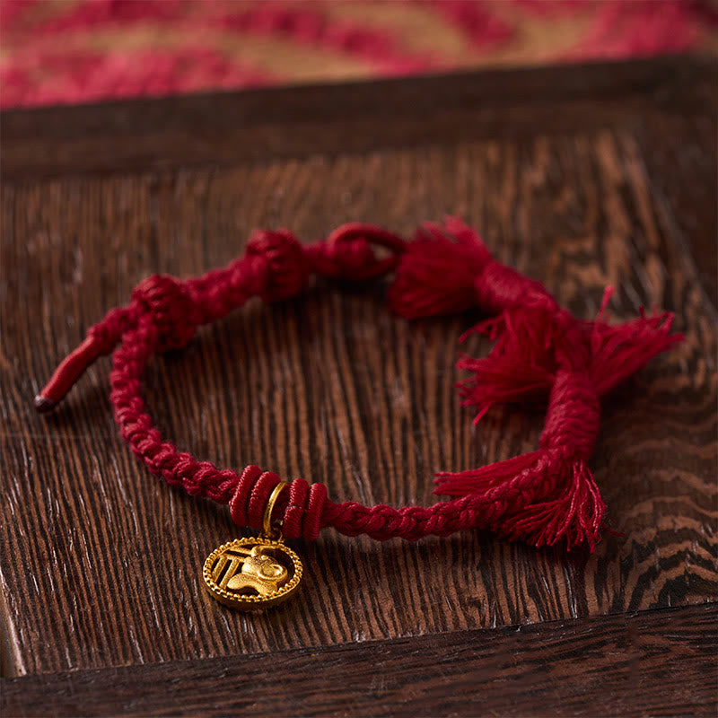 Nimara Ritual Elephant Fu Character Gold Plated Copper Red String Balance Tibet Bracelet