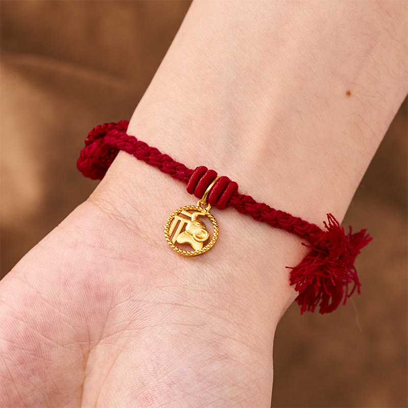 Nimara Ritual Elephant Fu Character Gold Plated Copper Red String Balance Tibet Bracelet