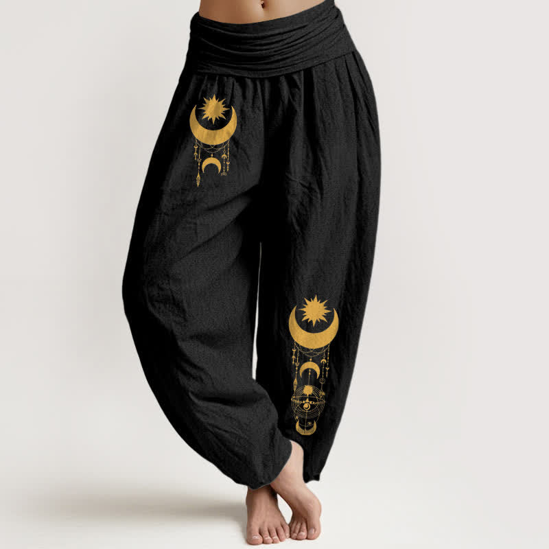 Nimara Ritual Pure Cotton Golden Crescent Moon Stars Pattern Women's Elastic Waist Harem Pants