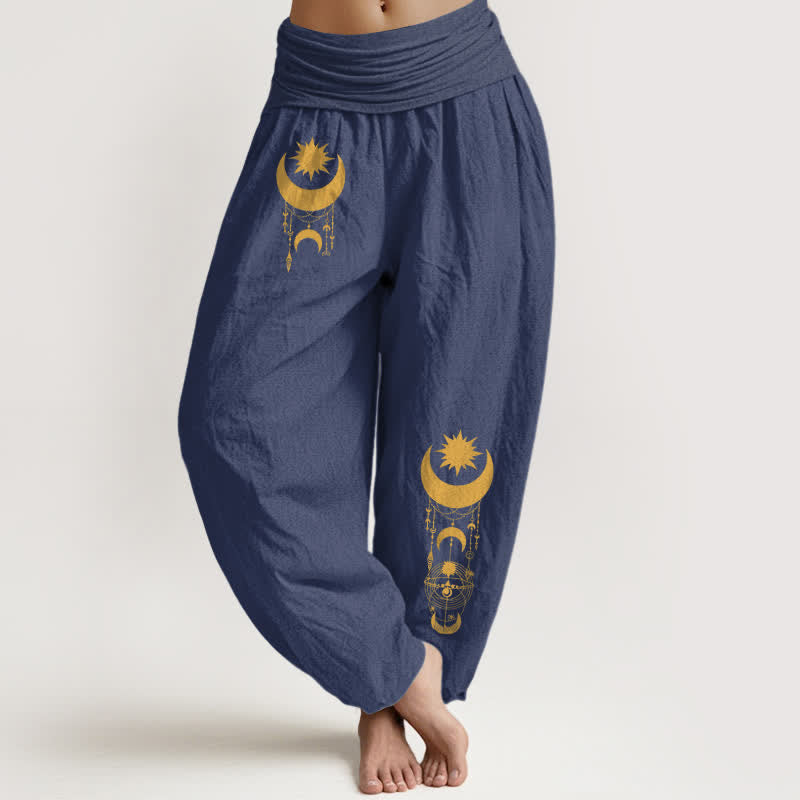 Nimara Ritual Pure Cotton Golden Crescent Moon Stars Pattern Women's Elastic Waist Harem Pants