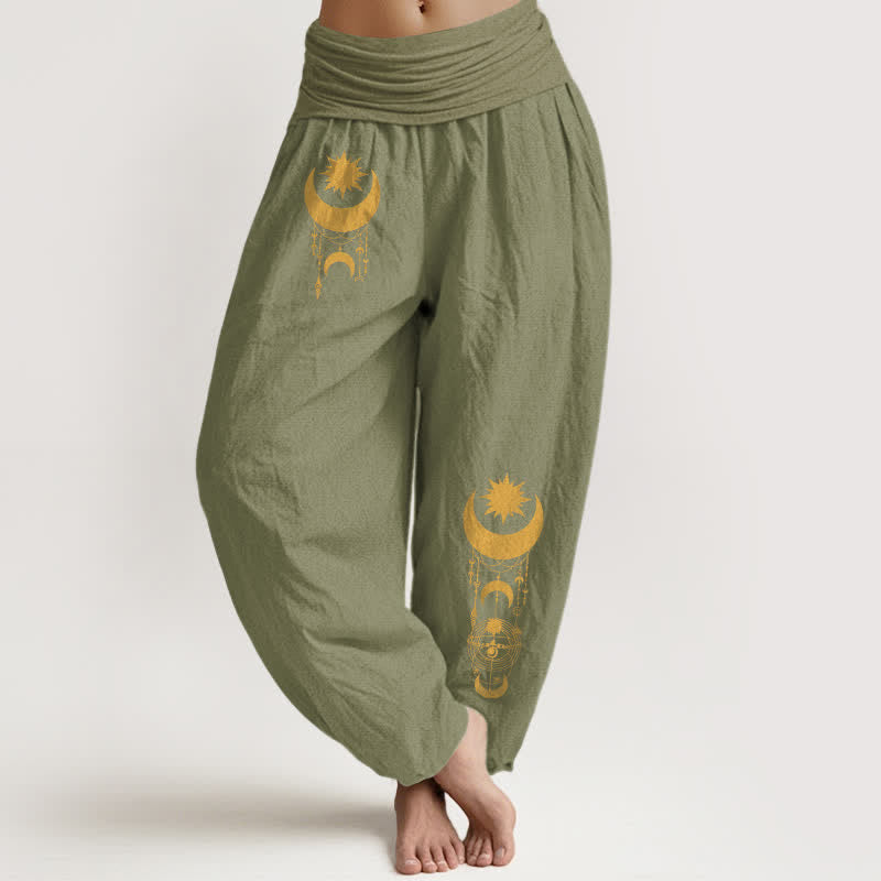 Nimara Ritual Pure Cotton Golden Crescent Moon Stars Pattern Women's Elastic Waist Harem Pants
