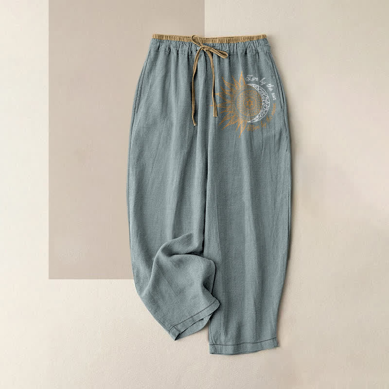 Nimara Ritual Pure Cotton Sun and Moon Mandala Pattern Women's Elastic Waist Pants With Pockets