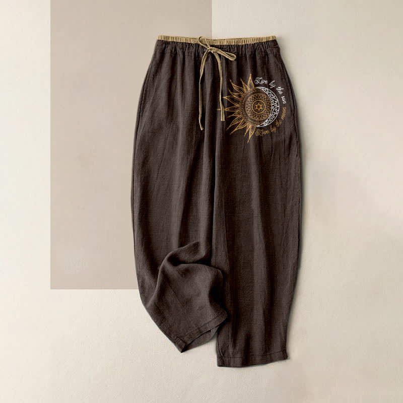 Nimara Ritual Pure Cotton Sun and Moon Mandala Pattern Women's Elastic Waist Pants With Pockets