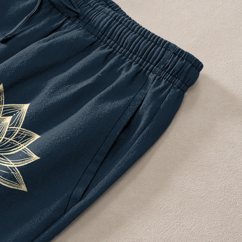 Nimara Ritual Cotton Golden Lotus Pattern Men's Tapered Pants With Pockets