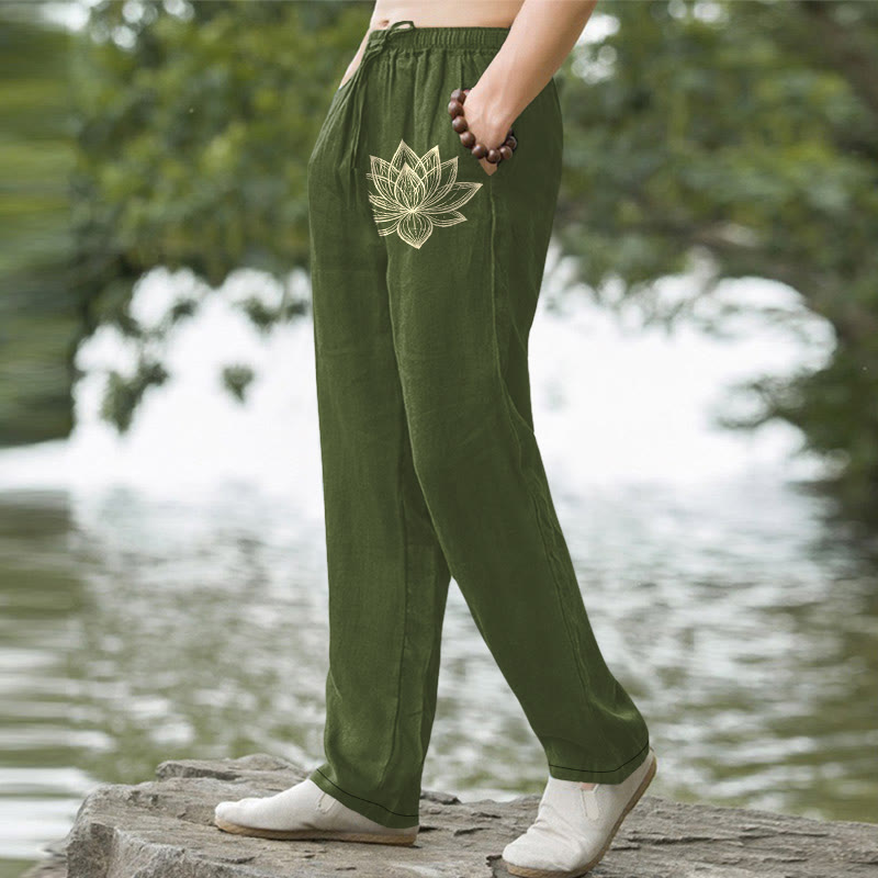 Nimara Ritual Cotton Golden Lotus Pattern Men's Tapered Pants With Pockets