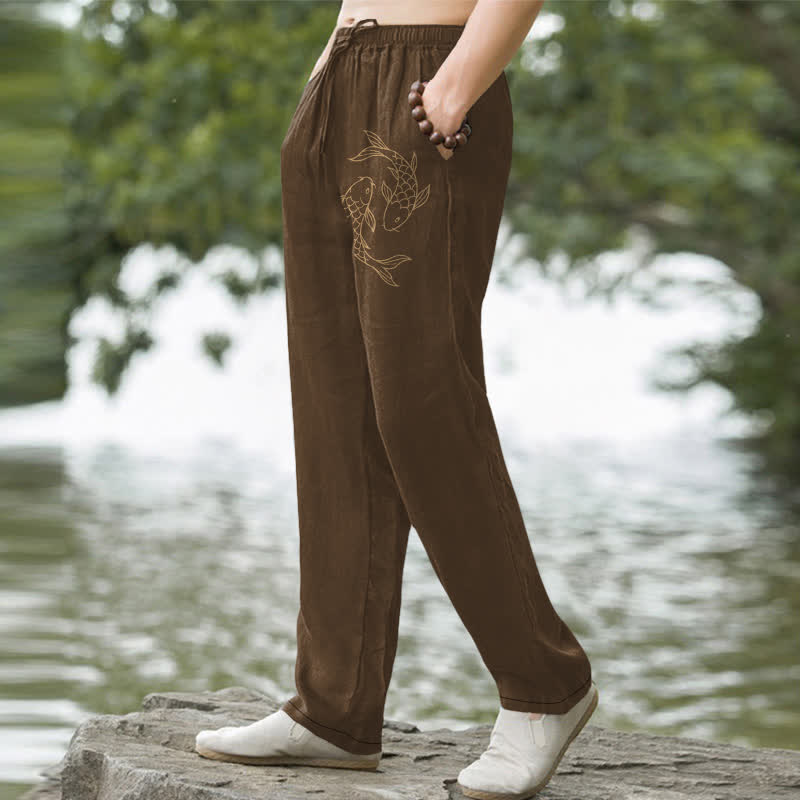 Nimara Ritual Cotton Golden Koi Pattern Men's Tapered Pants With Pockets