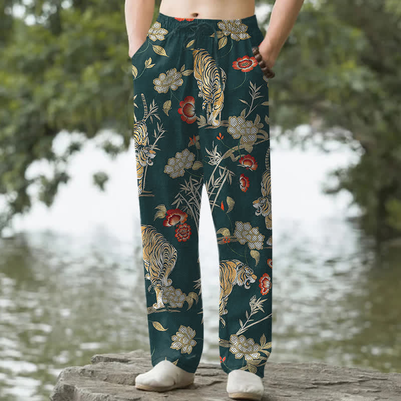 Nimara Ritual Cotton Tiger Floral Bamboo Pattern Men's Tapered Pants With Pockets